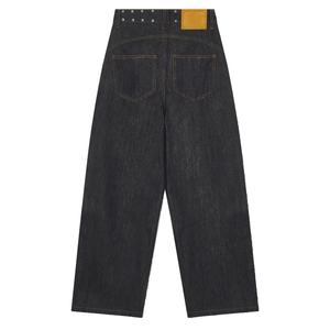 Custom Indigo Dark Washed Wide Leg Metal Rivets Studded <b>Jeans</b> Loose Baggy Fit Denim <b>Trousers</b> for <b>Men</b> - Product Image 4