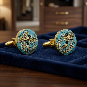 Boutons de manchette en laiton à motif oiseaux jumeaux, émail peint à la main avec turquoise et or, pour cadeau d'anniversaire de mariage, fêtes formelles - Unisexe - Product Image 6