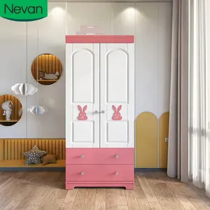 High quality factory price 2 doors wooden modern clothes organizer baby girl bedroom closet wardrobes pink rabbit kids' cabinet