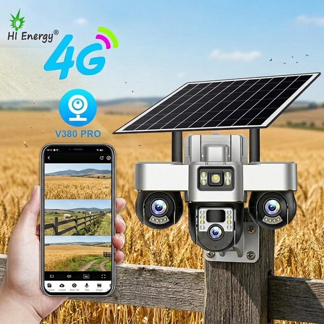 V380pro Three-lens Solar Camera 9MP 4K Night Version Home 4G SIM Card WiFi Outdoor Waterproof PTZ Camera