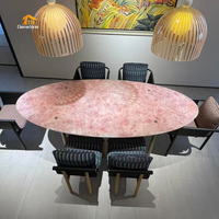 Table à manger ovale personnalisée en cristal rose avec 6 sièges, plateau en quartz rose naturel, meubles