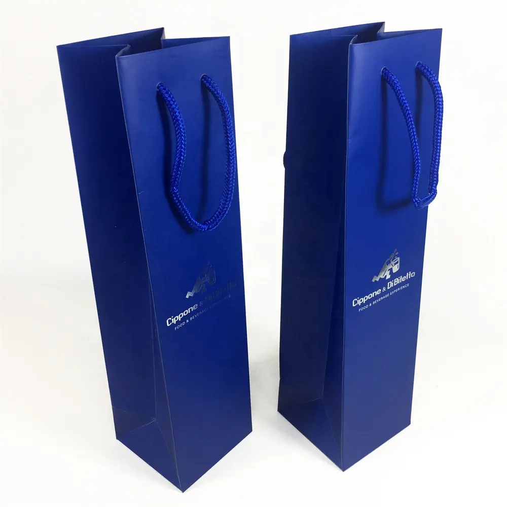 Luxury blue steady paper wine bag for single wine bottle or double wine bottle packaging with rope handles