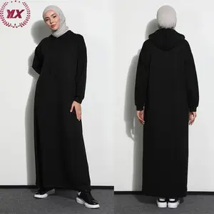 Fabriek Groothandel Maatwerk Casual Katoen Ongevoerde Zak Capuchon Hoodie Hoed Bescheiden Jurk Zwarte Vrouwen