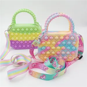 Promotional Durable Rainbow Color Push Bubble Fidget Handbag Girls Silicone Mini Shoulder Bag With Adjustable Shoulder Strap