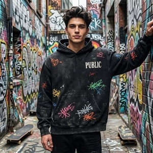 Sudadera con Capucha de Moda Vintage Personalizada de Alta Calidad 2026, Estampado Serigrafiado, Efecto Desgastado, Graffiti, Sudadera con Capucha para Hombre - Product Image 3