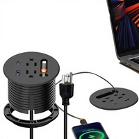 Stopkontak Meja Bundar Tersembunyi AS dengan Kabel Data Retractable 2m, Port USB A & C, Pengisian Cepat 20W, Stopkontak Meja Terintegrasi