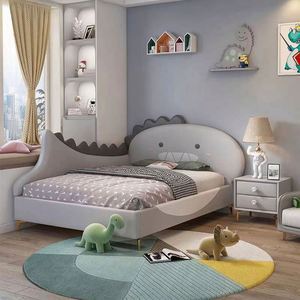 Lit d'enfant moderne au design dinosaure, structure en bois robuste, tête de lit rembourrée en coton confortable, taille complète pour chambre d'enfant - Product Image 2
