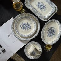 Assiette à dîner en céramique à motifs français, compatible micro-ondes, bleu et blanc vintage, assiette décorative pour salade et dessert