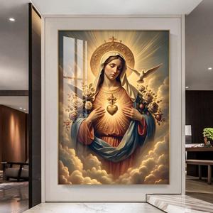 Mural Dorado de Arte Moderno para el Hogar, Mural Cristiano de la Virgen María, Pintura de Porcelana de Cristal, Lámpara LED, Pintura Decorativa Personalizada - Product Image 5