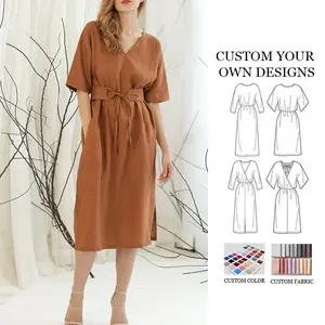 2023 Custom High-End Women's Dress 100% Linen Casual Style with Natural Waistline Plain Dyed Simple Design Low MOQ
