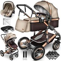 Poussette bébé 3 en 1 classique haute paysage avec siège auto, tissu en lin, cadre en alliage d'aluminium pliable, système de voyage