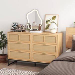 Farmhouse Wood Storage 6 <strong>Drawer</strong> Rattan Dresser Modern Dresser <strong>Chest</strong> <strong>of</strong> <strong>Drawers</strong> for Bedroom - Product Image 3
