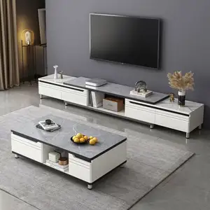 Mesa de suporte de tv em MDF temperado para sala de estar simples e moderna em mármore nórdico de luxo com ferro para pequenas famílias