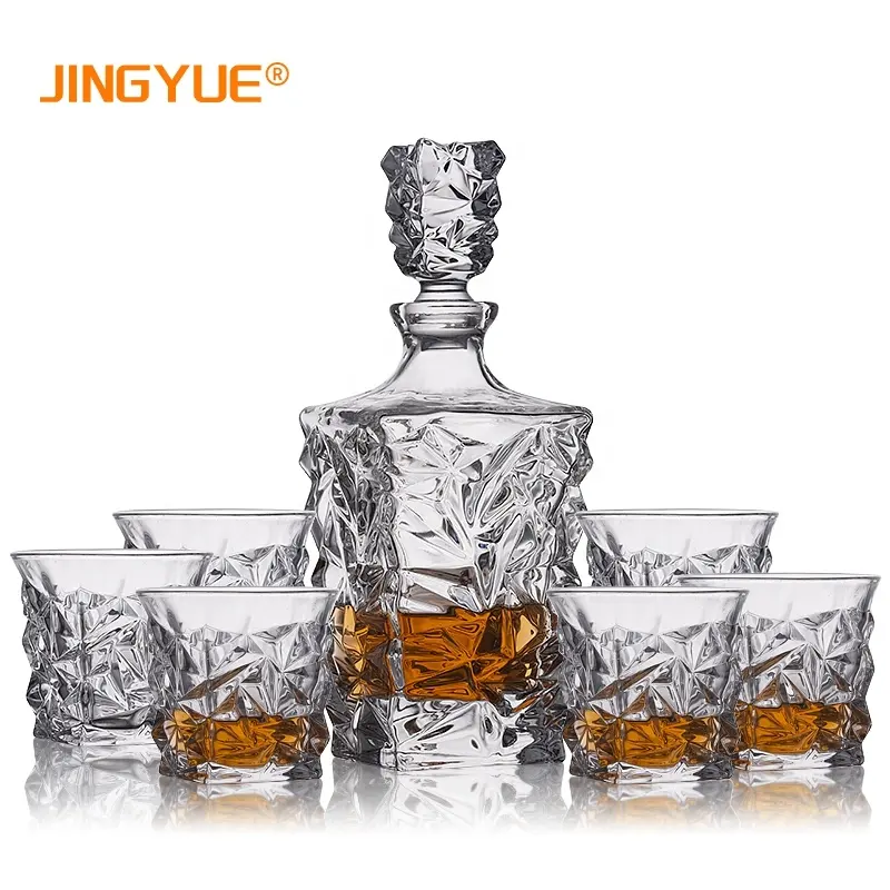 JINGYUE confezione da 7 ml Decanter per whisky in vetro trasparente con trama unica da 850ml e vetro vecchio stile impostato in confezione regalo