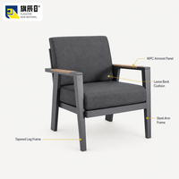 Chaise longue d'extérieur, siège individuel, structure en acier galvanisé, coussin gris, accoudoirs en WPC, fauteuil de jardin et de terrasse