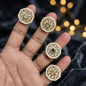 Anillo Hexagonal Ajustable de Lujo Chapado en Oro con Kundan para Mujer |   Anillo de Cóctel con Borde de Perlas y Diamantes Americanos CZ | - Product Image 2