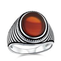 Bague pour homme en argent sterling 925, style rétro rayé, avec pierre précieuse ovale en onyx rouge/noir, bijoux punk turcs thaïlandais personnalisés