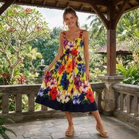 Robe midi pour femme, coupe évasée, imprimé floral, bretelles larges, col cœur, taille cintrée, fluide, pour les vacances à la plage