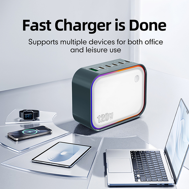 6-Port 5C1A USB C Hub PD3.0 Fast Charger 120W GaN Tech Desktop Charging Station for Laptop Mobile Phone & Tablet Accessories EU