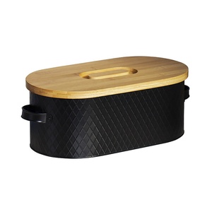 Household Kitchen Food Storage Container Iron Baking <strong>Bread</strong> <strong>Bin</strong> Organizer Bamboo Lid Metal <strong>Bread</strong> Box with Handle - Product Image 1