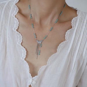 Collar de Moda con Piedras de Cristal, Chapado en Oro de 18K, con Pequeño Colgante Redondo de Gema y Cuentas de Cristal, Joyería, Collar de Mariposa Plateada - Product Image 3