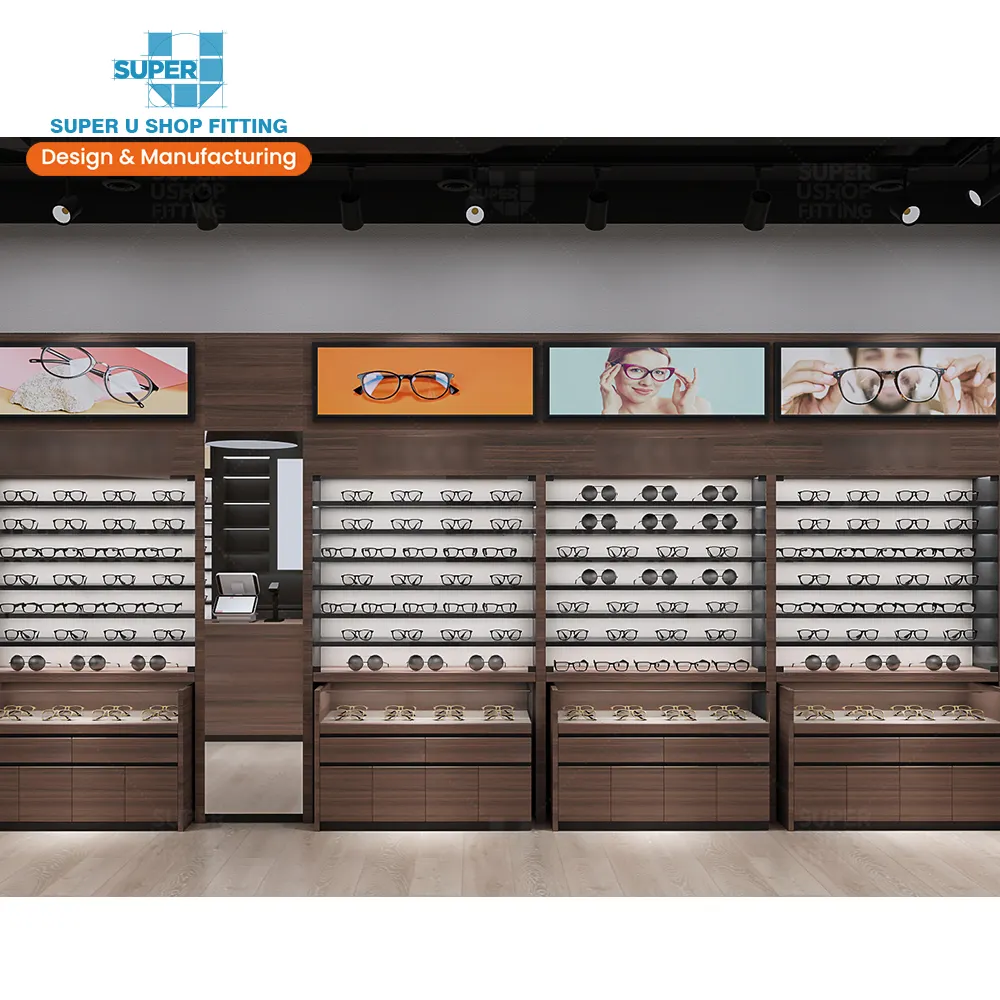 Customized Optical Store Furniture Wooden Eyewear Sunglass Display Shelves Modern Optical Store Display Fixtures Showcase