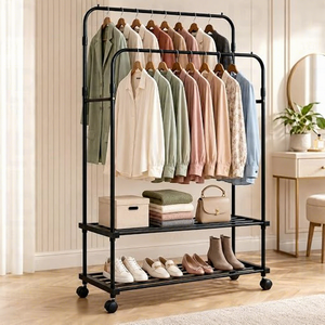 Minimalist Metal <b>Clothing</b> <b>Rack</b> with Wheels Double Tier Storage for Wardrobe Use <b>Standing</b> Type Multifunctional Design - Product Image 2