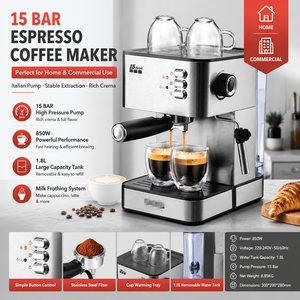 Machine à expresso Foodsense en acier inoxydable, pression de 15 bars, réservoir d'eau de 1,8 L, commande tactile, fonctionnement automatique, 850 W, électrique - Product Image 5