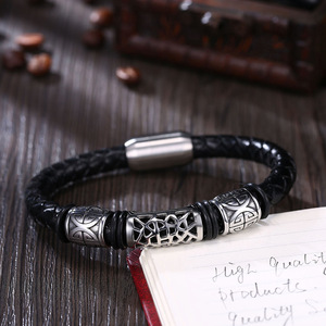 European American Punk Unisex Titanium Steel Magnetic Buckle Genuine Leather Woven Flower Cross <b>Bracelet</b> Gift 18K Gold Plated - Product Image 6