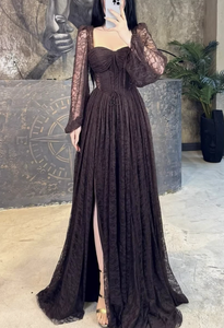Abito <span class=keywords><strong>lungo</strong></span> elegante da donna in pizzo <span class=keywords><strong>con</strong></span> maniche lunghe, corsetto e <span class=keywords><strong>spacco</strong></span>, ideale per invitati a matrimoni - OEM/ODM, Tendenza 2026 - Product Image 4