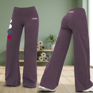 2026 Women Solid Full Length Wide Leg Yoga Pants Buttery Soft Breathable Elastic Waist Quick Dry <b>Flared</b> Workout OEM Manufacturer - Product Image 3