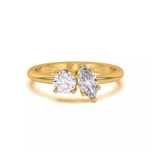 Solid 18K Gold Two Stone Engagement <b>Ring</b>, Round & Marquise Cut Prong Set Lab Grown Diamond Toi Et Moi Women Wedding Jewelry - Product Image 2