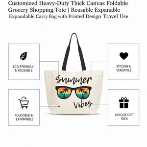 Sac de courses pliable en toile épaisse et résistante, personnalisé |   Sac de transport extensible réutilisable couleur naturelle taille moyenne en soie - Product Image 6