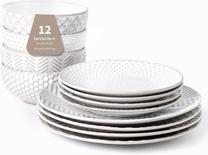 High Quality 24Pcs Embossed White Porcelain <b>Stoneware</b> <b>Dinnerware</b> <b>Set</b> Classic European Style Ceramic Tableware Microwave Portable - Product Image 5