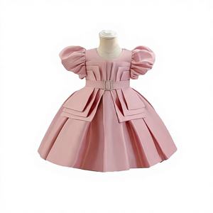 Custom Bulk Order Bubble Sleeve Waist Bow Lace Trim <b>Dress</b> for Baby Girls Toddlers-Elegant Party Gown - Product Image 1