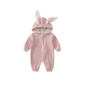 Neugeborene Unisex Hase Strampler Vollarm Reißverschluss Jumpsuit Hoodie Baby Baumwollstrampler