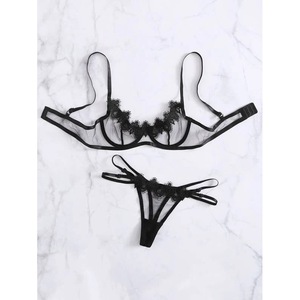 Conjunto de sujetador de encaje de malla para mujer, ropa de dormir transpirable negra, lencería sexy de dos piezas - Product Image 4