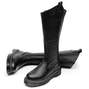 Black Knee-High <b>Boots</b> Genuine Leather Round Toe Flat Heel Anti-Slippery Rubber Outsole Slip-On Winter Solid Color Wholesale - Product Image 6