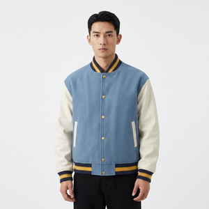 Men's Blue White Varsity Jacket Turn-down Collar Button Front Regular Fit Casual Winter Solid Color 100% <b>Wool</b> Breathable - Product Image 1
