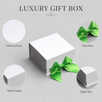 Boîte cadeau rigide blanche avec ruban en satin vert lime et nœud, emballage en papier de luxe gaufré, OEM, marque privée, vente en gros, logo personnalisé