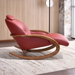 Sillón Reclinable de Madera Maciza y Cuero, Silla Mecedora para Sala de Estar, Completamente Ensamblado - Product Image 1