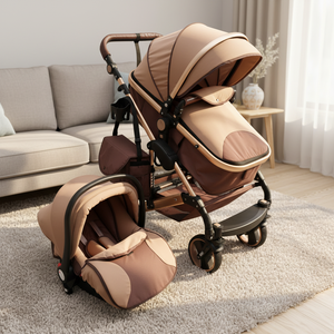 Passeggino 2-in-1 Greensky High View Pieghevole in Cotone Kaki con Seggiolino Auto, Telaio Leggero in Alluminio - Product Image 1