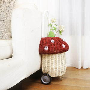 Mainan anak-anak mobil tarik tangan alami anyaman rotan boneka jamur keranjang penyimpanan anak-anak luar ruangan troli serut - Product Image 4