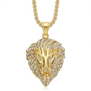 Collier pendentif tête de lion en acier inoxydable plaqué or avec cristaux sertis pavé, bijou unisexe, cadeau - Product Image 1