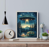 Peinture Diamant AB à Perçage Complet, Motif Navire Spatial Extraterrestre au-dessus d'un Camping en Forêt, Art Mosaïque DIY en Strass pour Décoration Intérieure