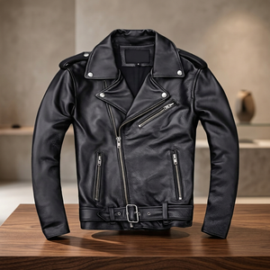 Blouson bomber pour homme en cuir véritable noir gaufré, respirant, séchage rapide, col rabattu, poches, fermeture éclair, ceinture à la taille - Product Image 5