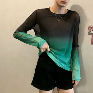 T-shirt à manches longues en maille transparente dégradée pour hommes, col rond, <span class=keywords><strong>style</strong></span> Y2K, streetwear, tailles S-3XL, vente en gros - Product Image 3