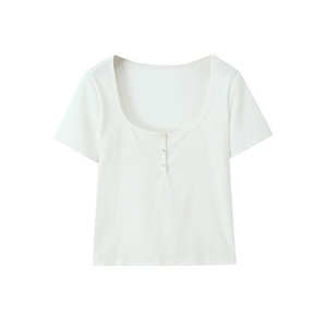 แฮปปี้ พลัสเสื้อยืดแขนสั้นผู้หญิงทรงสลิมฟิตพร้อมกระดุมสีทึบผ้าฝ้ายถักทอไซส์ใหญ่ N8845 - Product Image 3