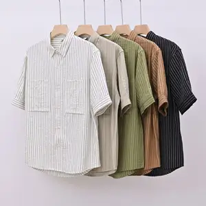 Seersucker striped double pocket shirt for men Men's market medium sleeved cotton casual shirt Summer men's short sleeved shirt