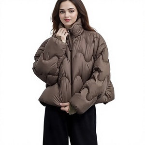 Blouson matelassé marron à col roulé avec fermeture éclair, coupe-vent épais, manteau d'hiver décontracté, coupe ample, longueur courte - Product Image 1